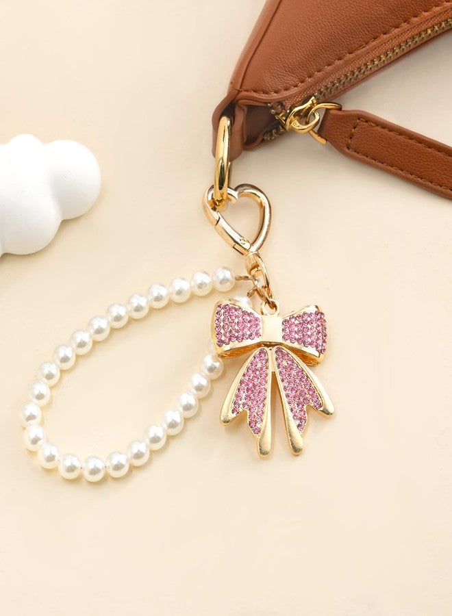 nylry Bow Keychain Bow Bag Charm Purse Charms for Handbags Rhinestone Bowknot Keychains With Pearl Chains Cute Keychains for Women Crystal Bag Charms for Backpacks Keychain Accessories Gifts-pink - Image 4